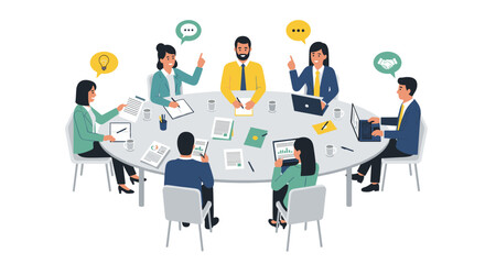 Diverse business professionals collaborate around an oval table, sharing ideas and engaging in strategic planning during a productive session.