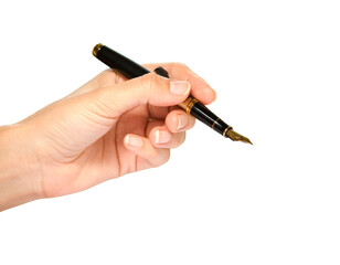  Hand Holding Elegant Fountain Pen Ready to Write on White Paper
