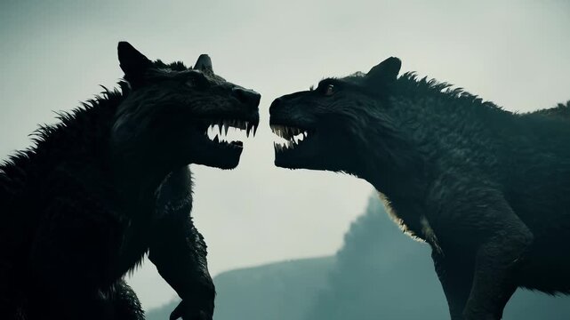 Two powerful werewolves face each other, baring teeth in an intense confrontation on a misty mountain peak. Two snarling wolves stand poised for battle. fierce confrontation of lycanthropic lore.