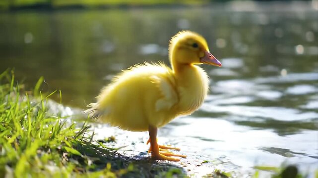 Cute Yellow Fluffy Duckling Standing on Green Grass Beside a Sparkling Pond or Lake in Bright Sunlight - Adorable Baby Bird in Nature