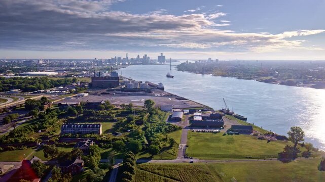 Drone captures the Gordie Howe Bridge stretching toward Detroit&rsquo;s industrial riverfront.