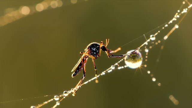Mosquito on a spider web with sparkling dew drops at golden hour a detailed macro shot with beautiful morning light and bokeh background