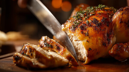 Detailed view of roasted chicken being carved with a sharp knife