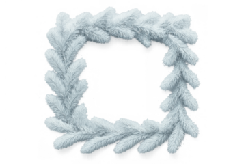 White christmas fir tree garland forming a square frame with frosty pine branches, transparent background
