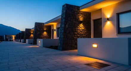 Modern luxury resort facade and walkway illuminated at twilight or blue hour