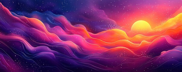 Colorful vibrant abstract landscape with glowing sun in a cosmic setting