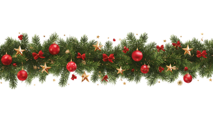 A horizontal vector border of Christmas branches, decorated with red balls, golden stars, and small ribbon bows. Clean and festive graphic for banners, isolated on white background.