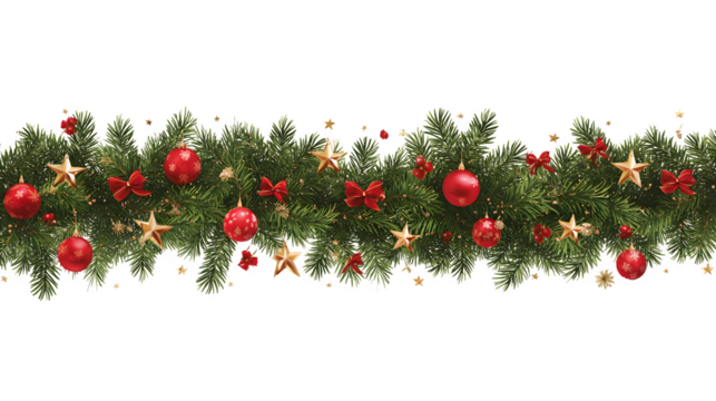 A horizontal vector border of Christmas branches, decorated with red balls, golden stars, and small ribbon bows. Clean and festive graphic for banners, isolated on white background.