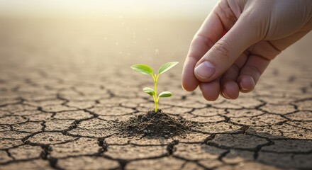 A beautiful, hyperrealistic illustration of a hand gently holding a miniature, thriving plant sprout emerging from cracked, dry earth. The scene should convey a strong message of hope, conservation,