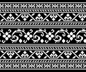 Various patterns on black background in geometric shapes, seamless horizontal, designed for decoration, background, fabric, clothing.