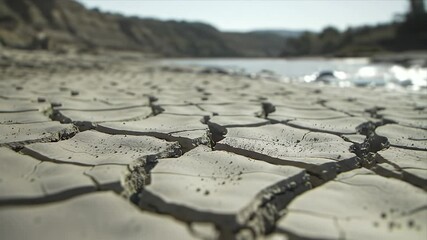 Arid landscape featuring severely cracked parched earth on a dry riverbed next to flowing water powerfully depicting drought environmental impact and climate - Powered by Adobe