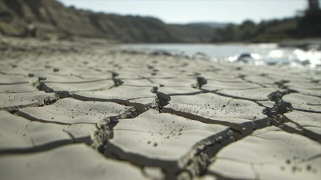 Arid landscape featuring severely cracked parched earth on a dry riverbed next to flowing water powerfully depicting drought environmental impact and climate
