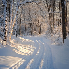 Obraz premium Snow-covered path winding through a tranquil winter forest 