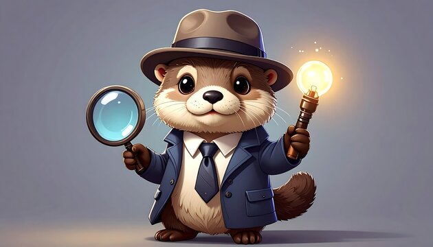 Cartoon otter detective in a suit, holding a magnifying glass and a glowing light, against a simple gradient background - Powered by Adobe