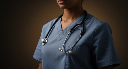 Cropped, faceless portrait of a healthcare worker from shoulder up, wearing scrubs and stethoscope, soft studio background, warm cinematic light, inclusive representation without identifiable facial 