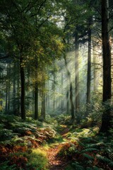 Obraz premium Sunlight filtering through a misty forest path