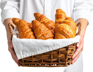  Hands holding rustic cloth-lined basket with croissants isolated on transparent background