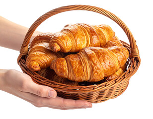 Hands holding wicker basket of golden croissants isolated on transparent background  Prompt: