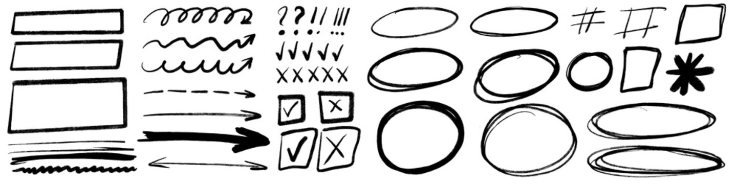 Set of black hand drawn marker elements including arrows, circles, rectangles, highlights, and symbols. Sketch style design for notes, infographics, and creative layouts