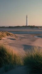 Fototapeta premium Serene coastal view with white lighthouse on dunes and gentle waves under soft sunset glow