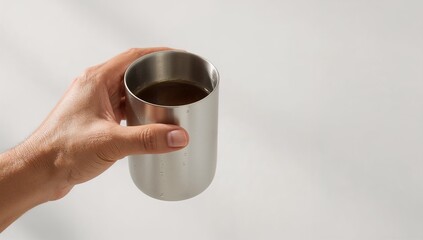 Isolated hand holding a reusable coffee cup, eco lifestyle and sustainability concept, bright clean lighting.