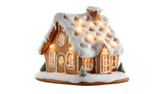 A hyper-realistic gingerbread house cookie, with snow-covered white icing roof, and miniature Christmas fairy lights embedded in its eaves. Magical food art, isolated on white background. - Powered by Adobe