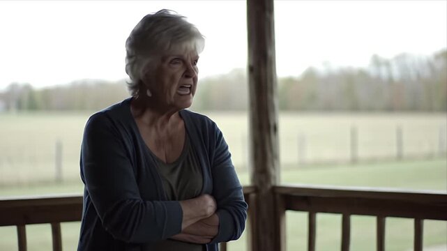 Pensive Senior Woman Standing on a Rustic Countryside Porch with Arms Crossed Gazing at a Scenic Rural Landscape Reflecting on Life with a Serious Expression