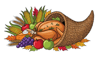 Thanksgiving Feast Overflowing from a Cornucopia Holiday Harvest Illustration