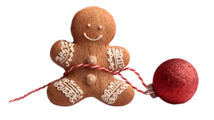 A hyper-realistic gingerbread man cookie, with a tiny red Christmas ornament tied to his button. Whimsical and intricate, macro detail, isolated on white background.