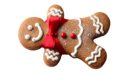A hyper-realistic gingerbread man cookie, with a tiny red ribbon tied around his neck like a scarf. Whimsical and intricate, macro detail, isolated on white background.