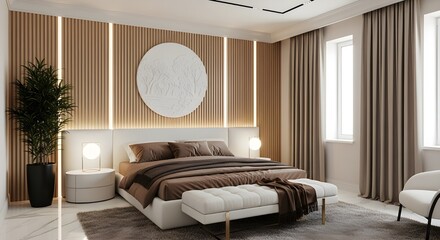 Luxurious master bedroom interior design with modern minimalist decor and natural wood paneling