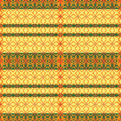 Seamless pixelated woven pattern in warm bands of gold, orange, and forest green. Features traditional geometric trellis motifs, giving it a rich, rustic folk-art textile aesthetic.