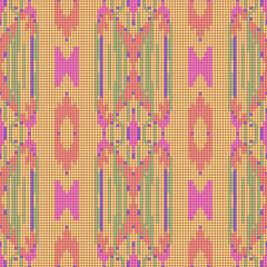 Seamless pixel art cross-stitch pattern in warm yellow, pink, and coral. Features abstract, vertical geometric motifs, resembling a detailed woven tapestry or traditional folk art textile.
