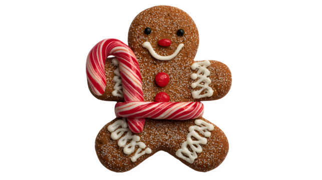 A hyper-realistic gingerbread man cookie, with a tiny red candy cane tucked into his icing belt. Whimsical and intricate, macro detail, isolated on white background.