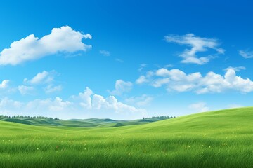 Fototapeta premium Idyllic landscape featuring vibrant green meadows, rolling hills, and a picturesque blue sky dotted with fluffy white clouds, creating a serene and peaceful atmosphere