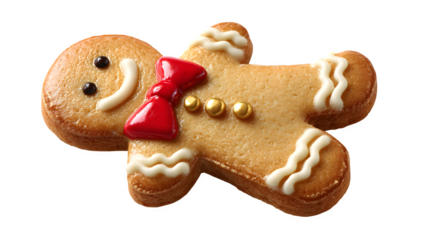 A hyper-realistic gingerbread man cookie, with a tiny red bow tie and golden buttons. Whimsical and intricate, macro detail, isolated on white background.