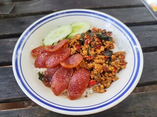 Stir-fried minced pork with holy basil and Chinese sausage