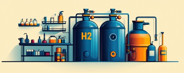 Stylized Hydrogen Production Facility Illustration with Equipment and Storage Tanks