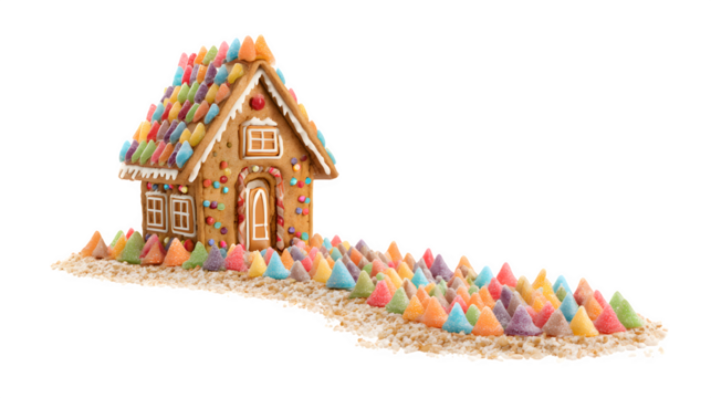 A hyper-realistic gingerbread house cookie, with a path made of tiny, colorful candy cones leading to the door. Whimsical and delicious, isolated on white background.