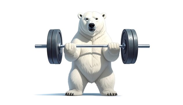 Cartoon polar bear weightlifter. White furred animal lifting a barbell against a plain, bright white background