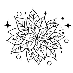 Poinsettia flower with sparkles outline illustration, elegant holiday plant in black and white cartoon style
