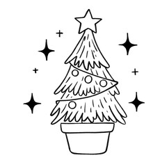 Potted Christmas tree with star and ornaments outline illustration, festive holiday decor in black and white cartoon style

