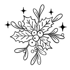 Holly and mistletoe cluster with berries and sparkles outline illustration, festive botanical decor in black and white cartoon style
