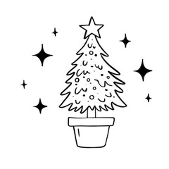 Potted Christmas tree with star and ornaments outline illustration, festive holiday decor in black and white cartoon style
