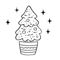 Potted Christmas tree with ornaments and sparkles outline illustration, festive holiday decor in black and white cartoon style
