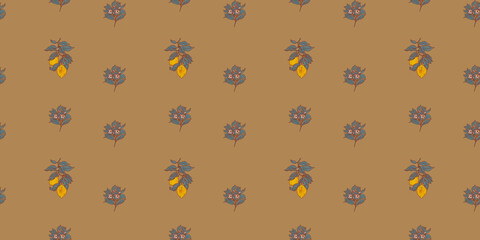 Beautiful boho garden horizontal mustard brown wallpaper. Citrus trees pattern. Orange and lemon fruit illustration. Floral blooming orchard.
