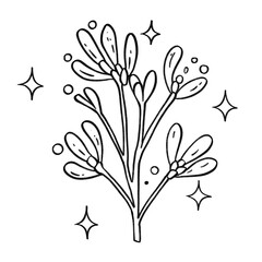 Mistletoe branch with berries and sparkles outline illustration, festive botanical design in black and white cartoon style
