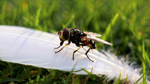 Vibrant Iridescent Hoverfly Perched on a Pristine White Feather Macro Close-up in Lush Green Grass Detailed Nature Scene with Beautiful Colors and Serene Outdoor