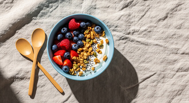 Healthy yogurt bowl topped with blueberries, raspberries, strawberries, granola, chia and pumpkin seeds, wooden spoons on natural linen in morning light