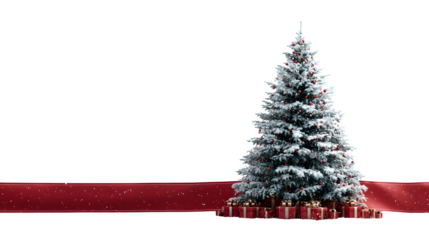 A majestic Christmas tree decorated with gifts, with a transparent red banner draped across the bottom third. Perfect for adding text, photorealistic, isolated in a clean setting.